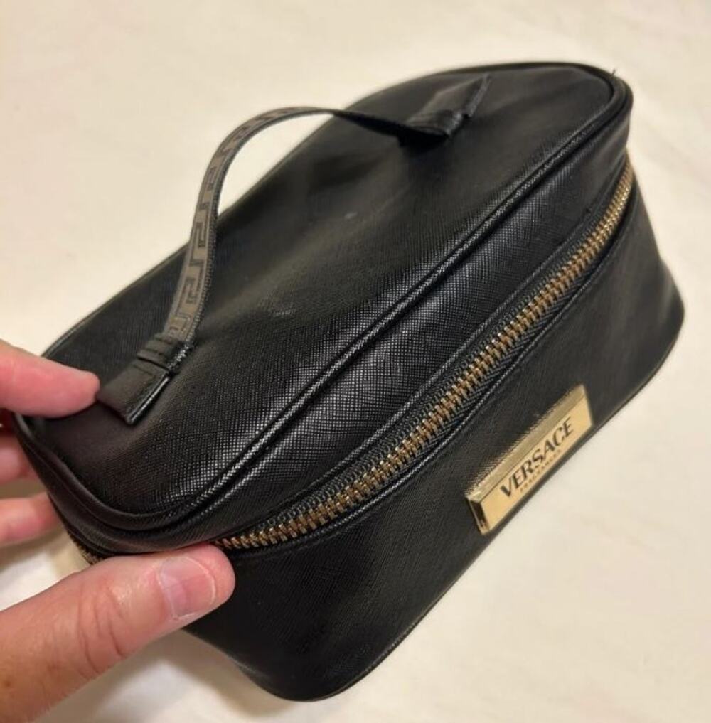 VERSACE Fragrances Black Travel Vanity TOILETRY Case Gold Greca Makeup BAG